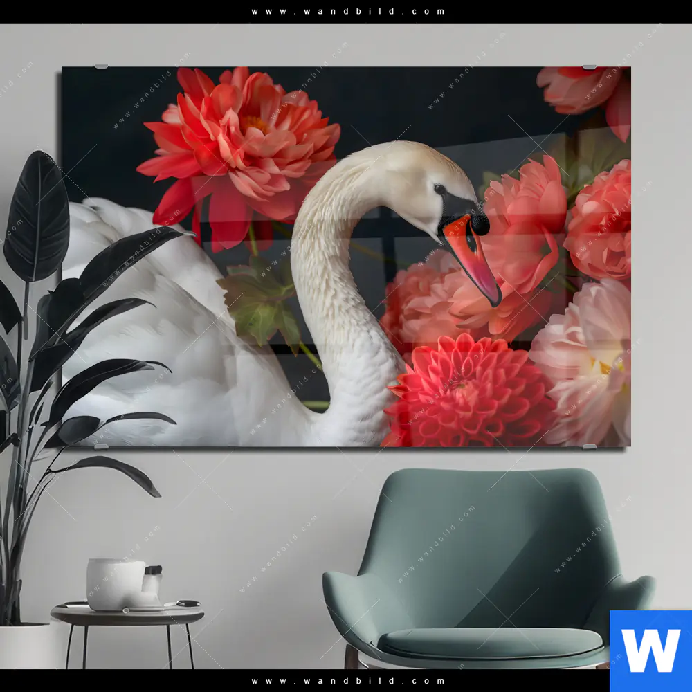 Acrylglasbild | Eleganter Schwan mit Blumen | Querformat