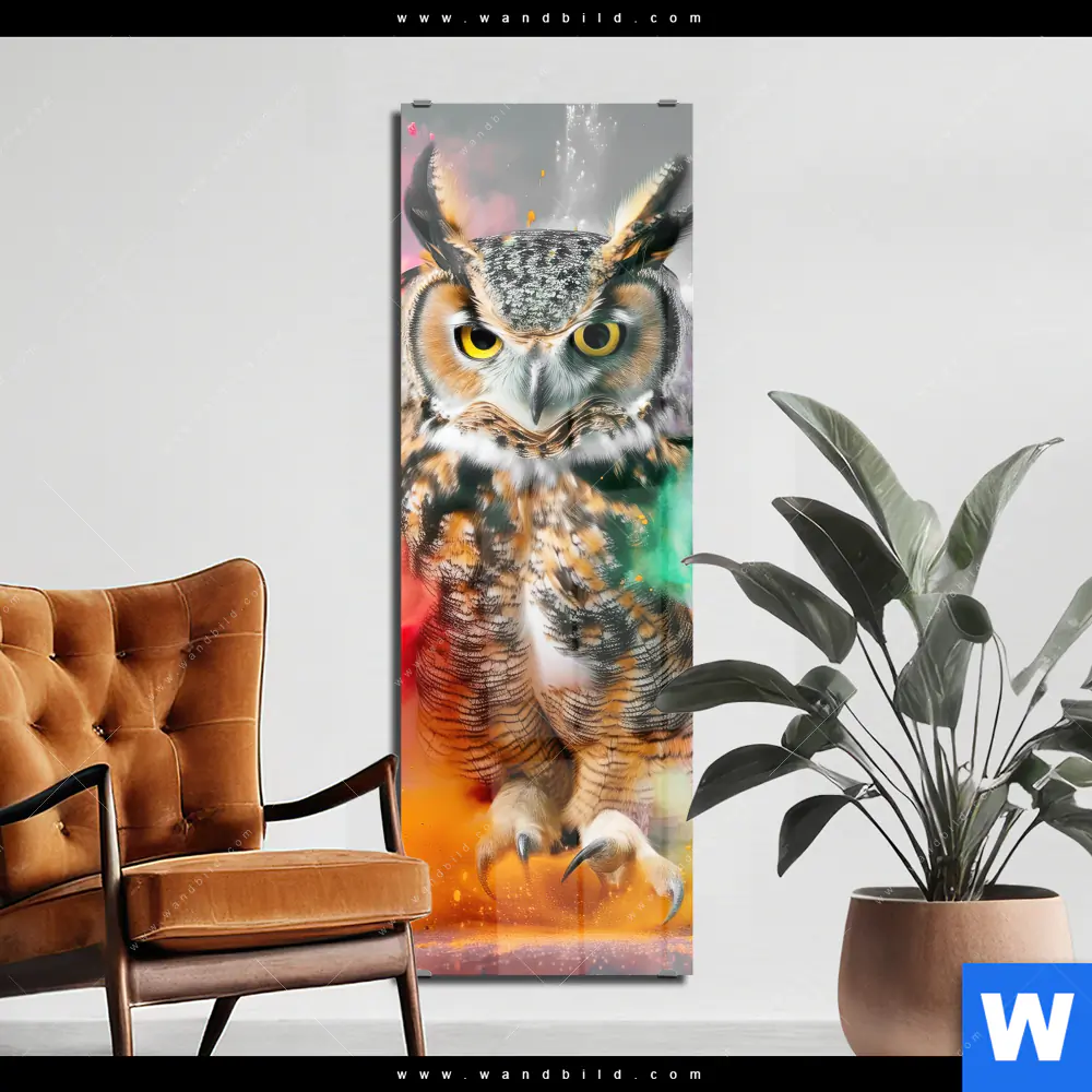 Acrylglasbild | Farbenexplosion mit Eule | Schmal