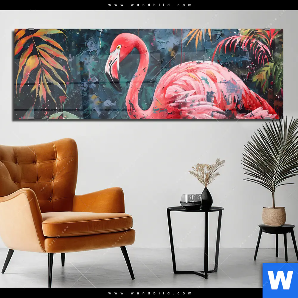 Acrylglasbild | Flamingo - Dschungel Eleganz | Panorama
