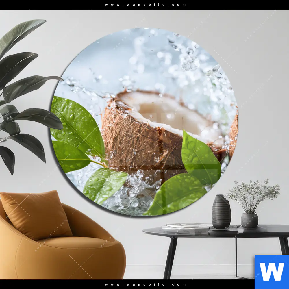 Acrylglasbild | Frische Kokosnuss im Wassersplash | Rund