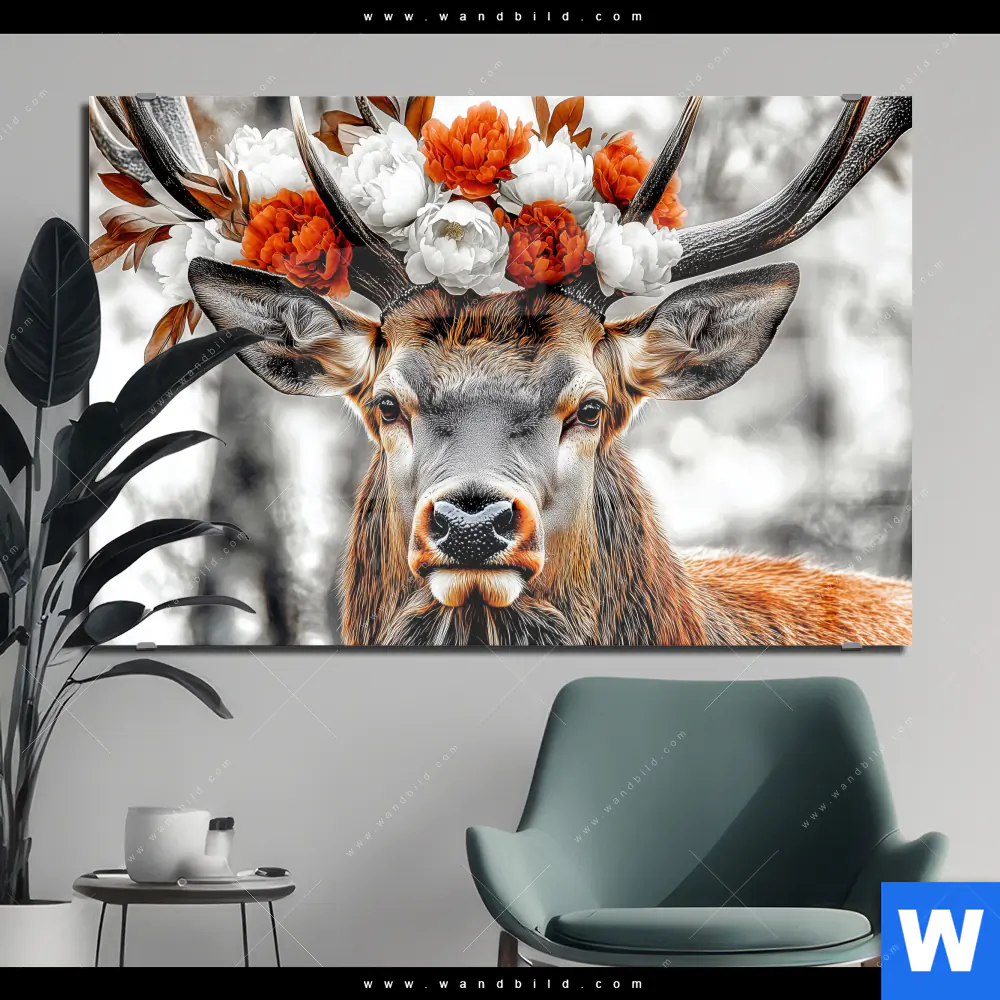 Acrylglasbild | Hirsch mit Blumenkrone | Querformat