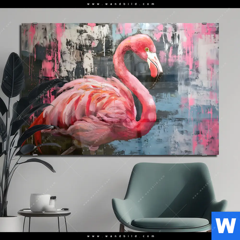 Acrylglasbild | Kunstvoller Flamingo | Querformat