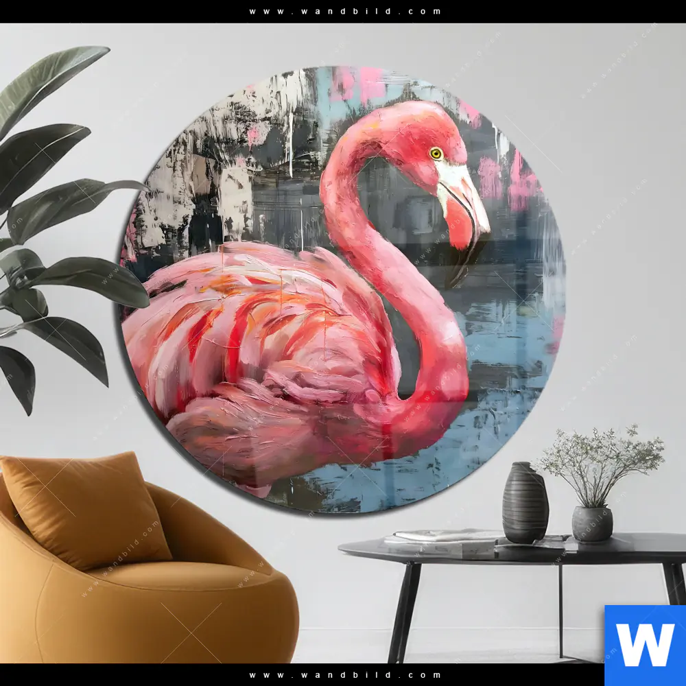 Acrylglasbild | Kunstvoller Flamingo | Rund