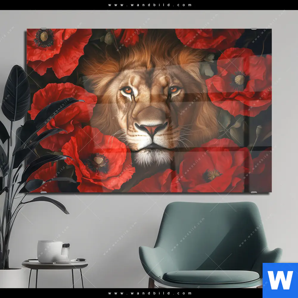 Acrylglasbild | Löwe & Mohnblumen | Querformat
