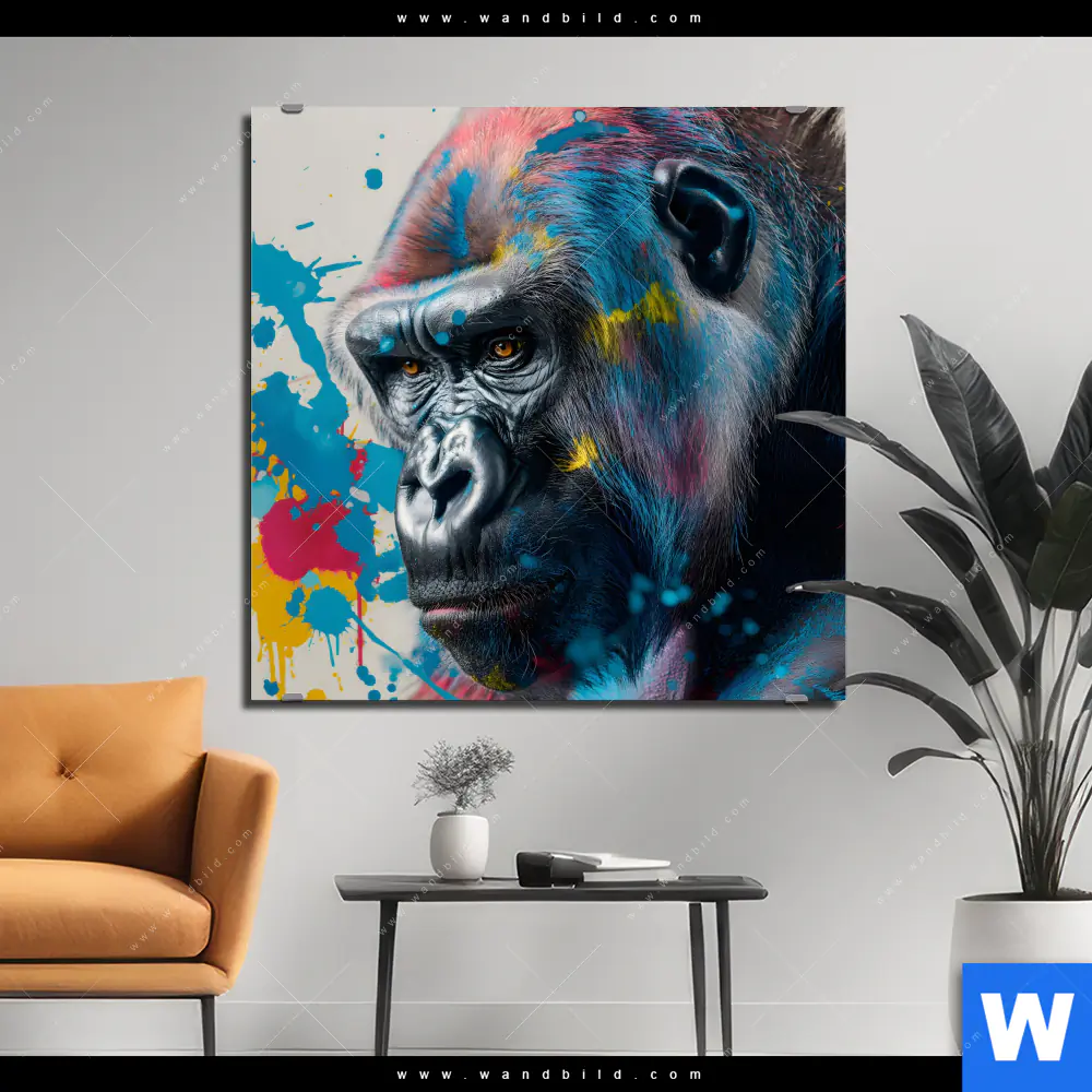 Alu-Dibond Bild | Bunter Gorilla mit Farbspritzern | Quadrat