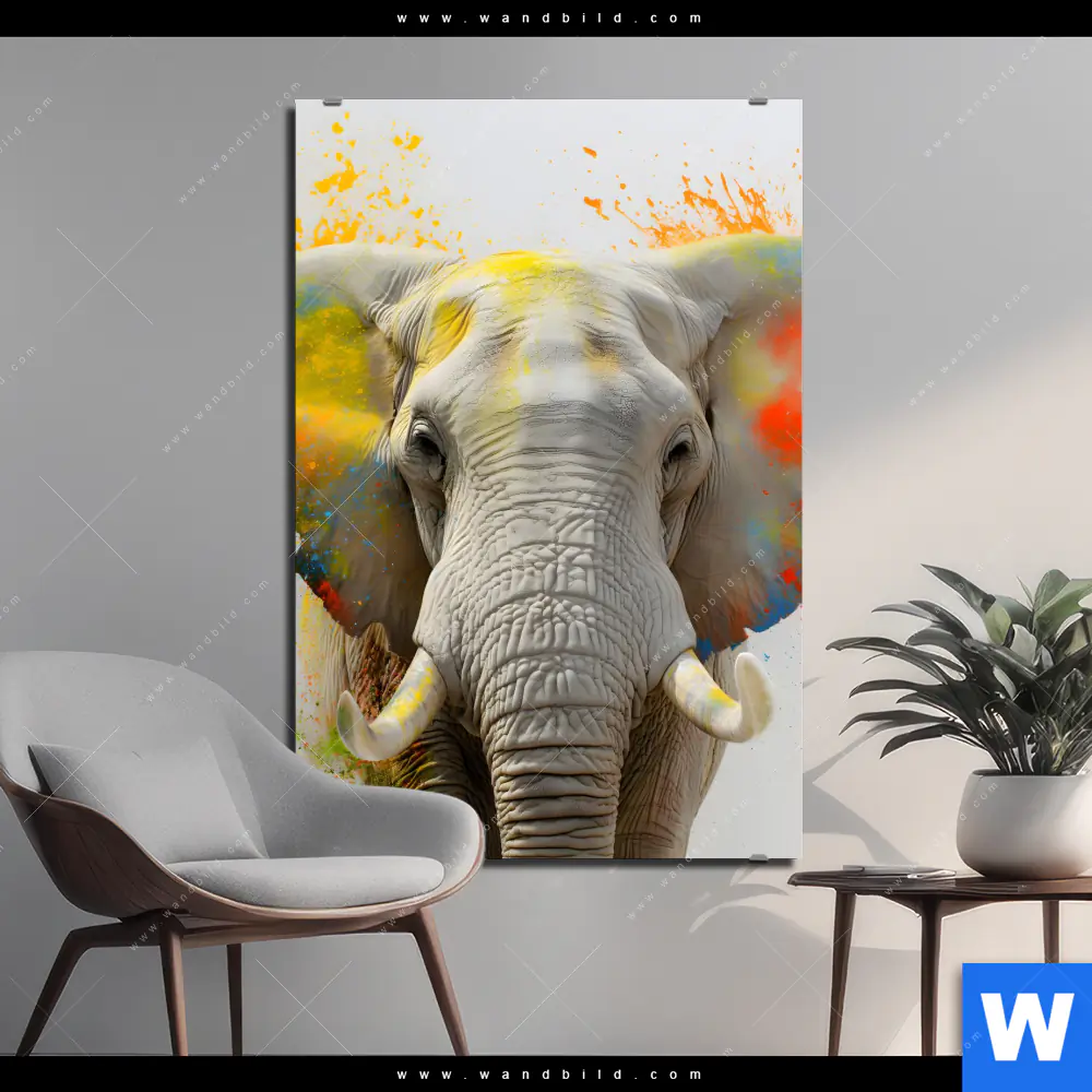 Alu-Dibond Bild | Farbenexplosion mit Elefant | Hochformat