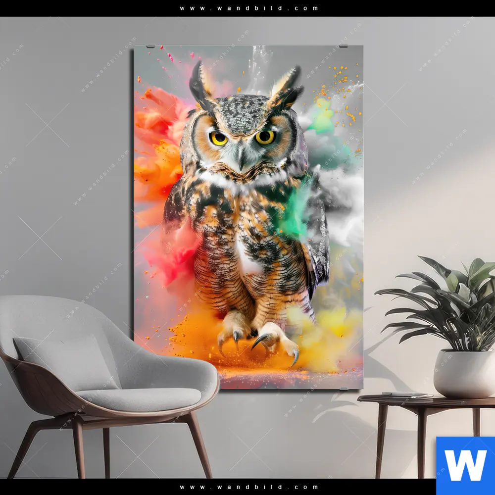 Alu-Dibond Bild | Farbenexplosion mit Eule | Hochformat