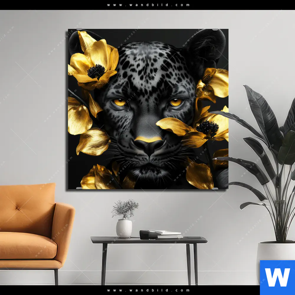 Alu-Dibond Bild | Goldblumen & Panther | Quadrat