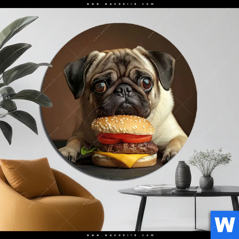 Alu-Dibond Bild | Mops mit Cheeseburger | Rund