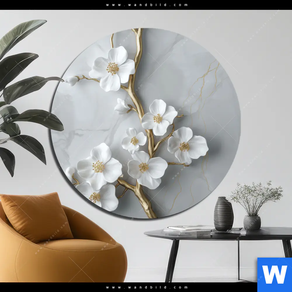 Alu-Dibond Bild | Weiße Blüten an Goldzweig | Rund
