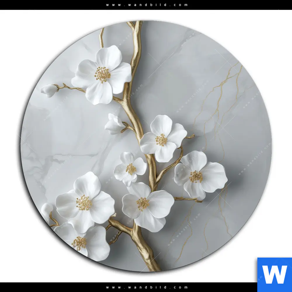 Alu-Dibond Bild | Weiße Blüten an Goldzweig | Rund - Image 2