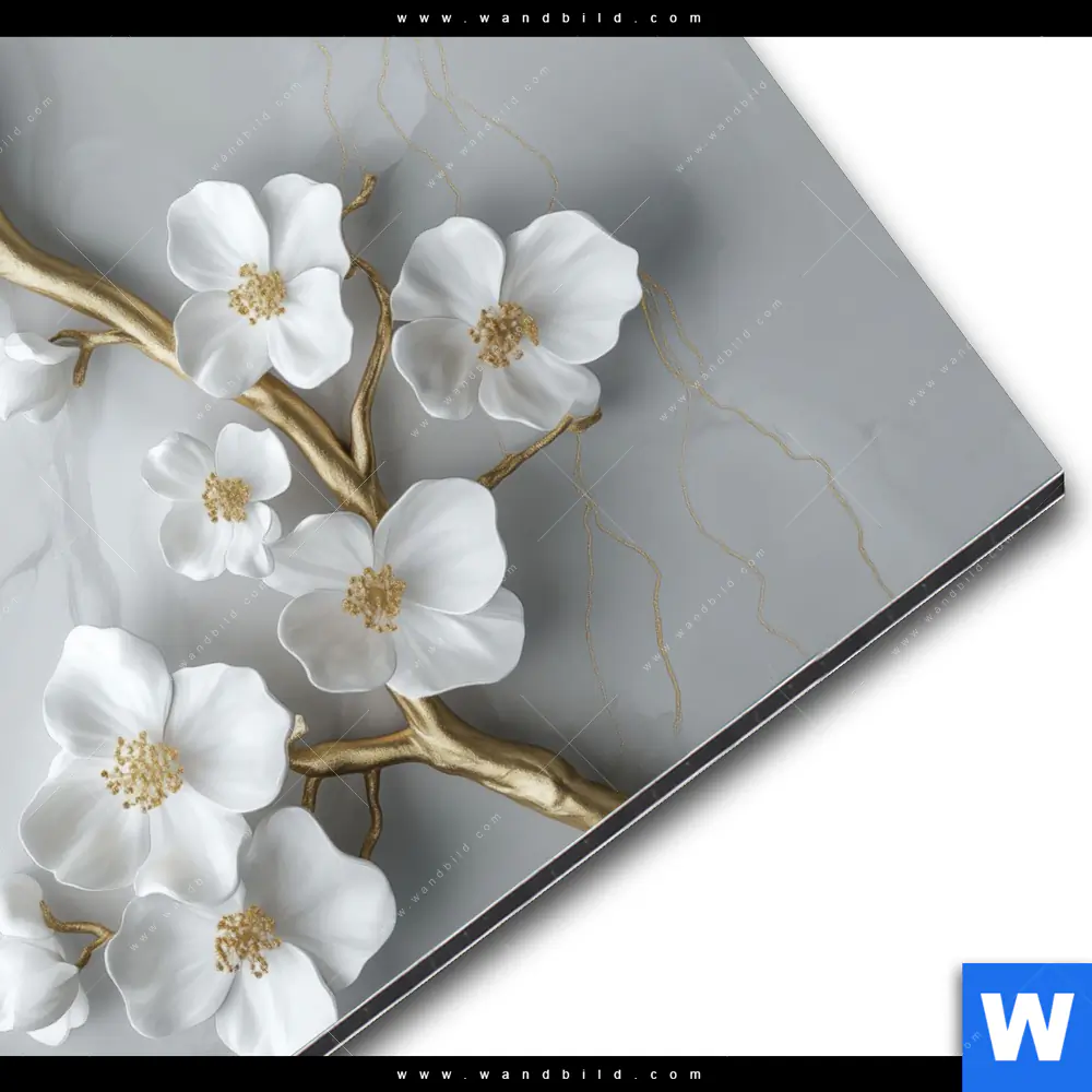 Alu-Dibond Bild | Weiße Blüten an Goldzweig | Rund - Image 3