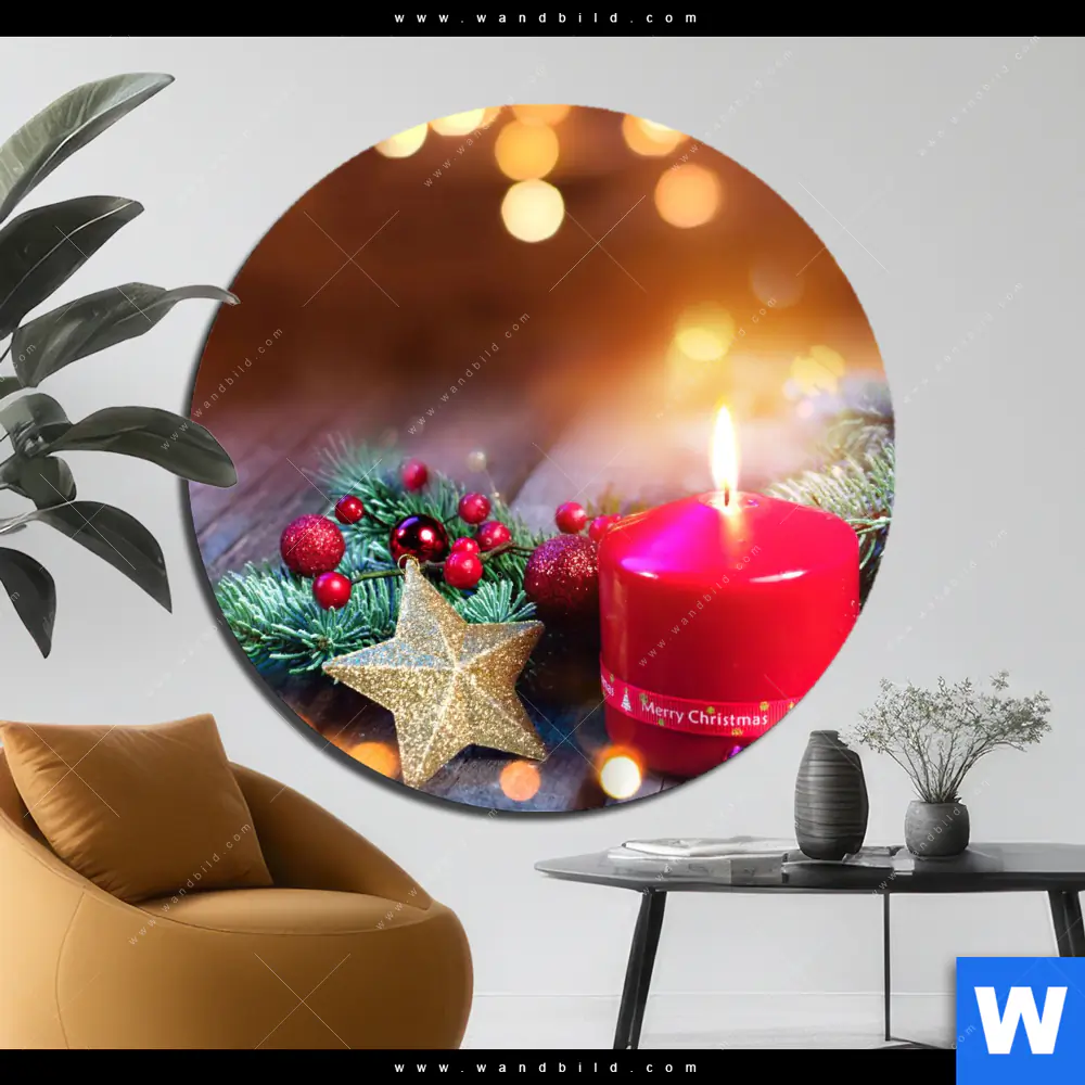 Aluminiumbild gebürstet | Adventskerze mit Weihnachtsschmuck | Rund