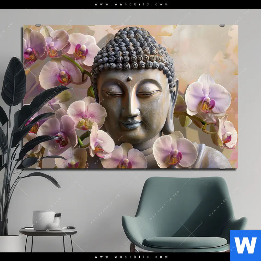 Aluminiumbild gebürstet | Buddha & Orchideen | Querformat