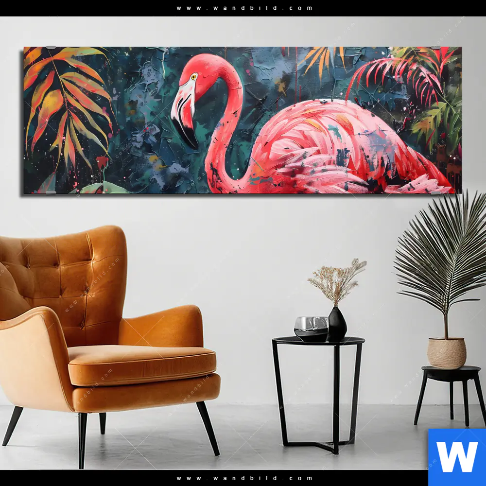 Aluminiumbild gebürstet | Flamingo - Dschungel Eleganz | Panorama