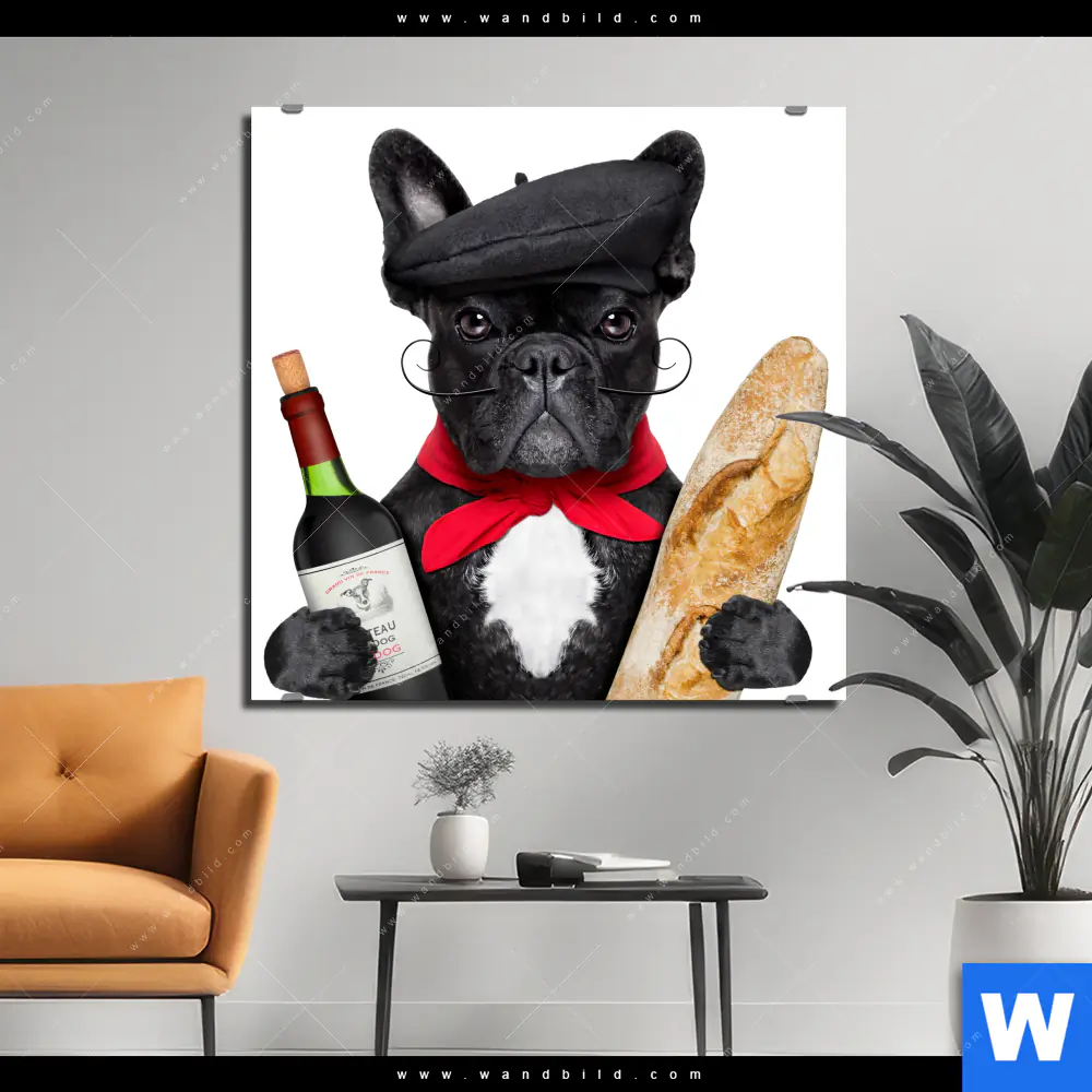 Aluminiumbild gebürstet | Französischer Bulldoggen-Charme mit Baguette & Wein | Quadrat