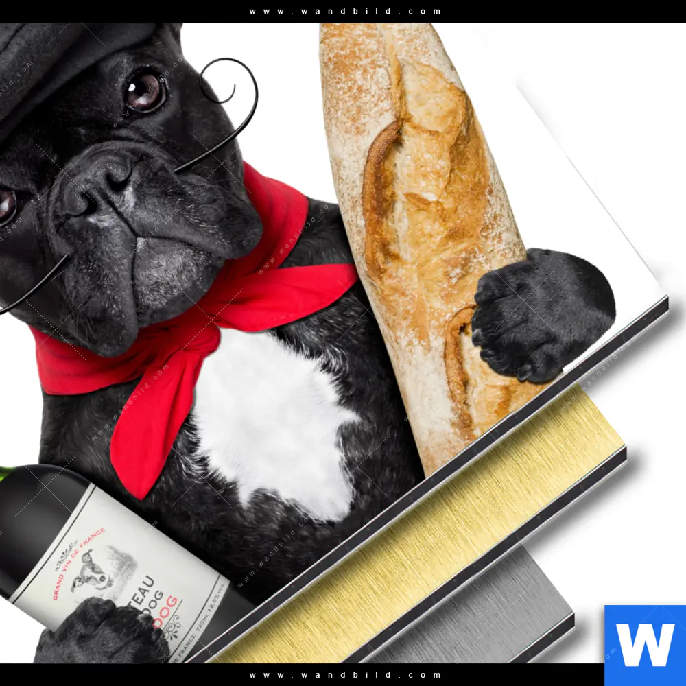 Aluminiumbild gebürstet | Französischer Bulldoggen-Charme mit Baguette & Wein | Quadrat - Image 3
