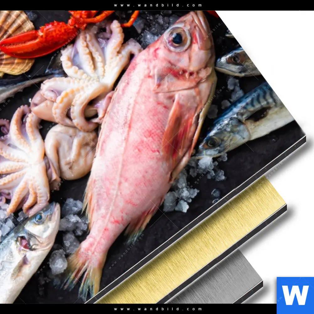 Aluminiumbild gebürstet | Frischer Fisch und Meeresfrüchte | Rund - Image 3