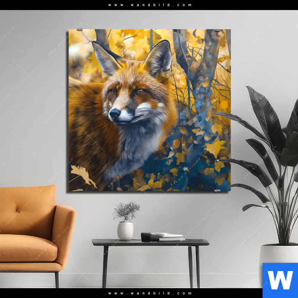 Aluminiumbild gebürstet | Fuchs im Blätterwald | Quadrat