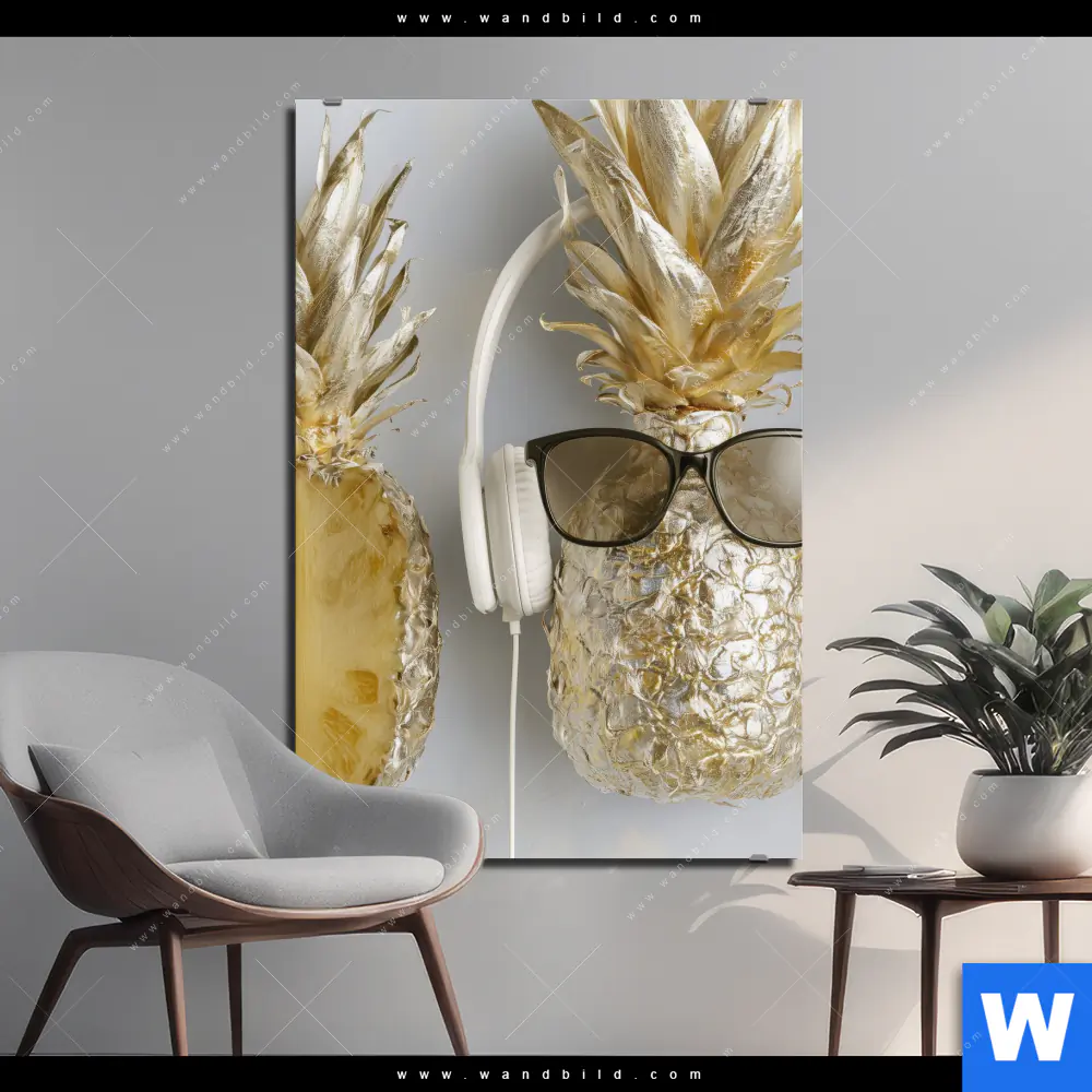 Aluminiumbild gebürstet | Goldene Ananas mit Kopfhörern | Hochformat