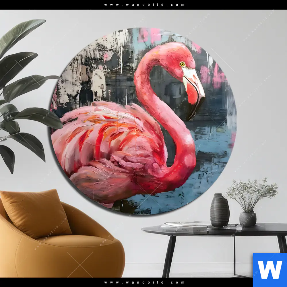 Aluminiumbild gebürstet | Kunstvoller Flamingo | Rund