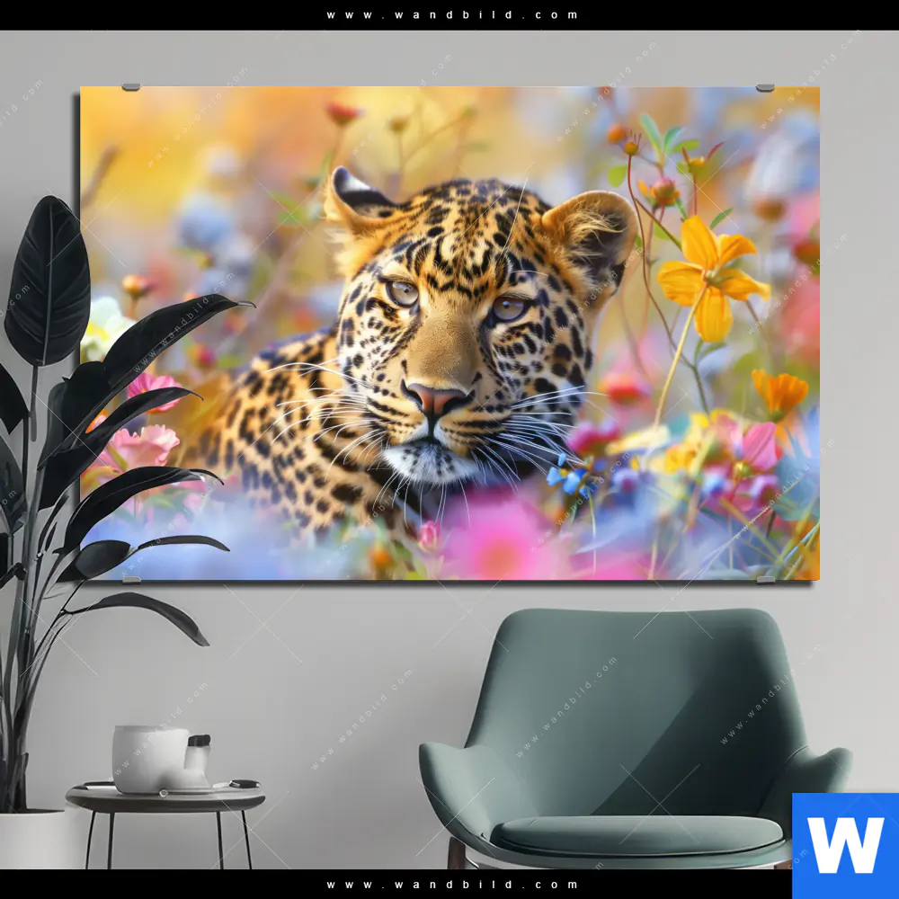 Aluminiumbild gebürstet | Leopard in blühender Wildnis | Querformat