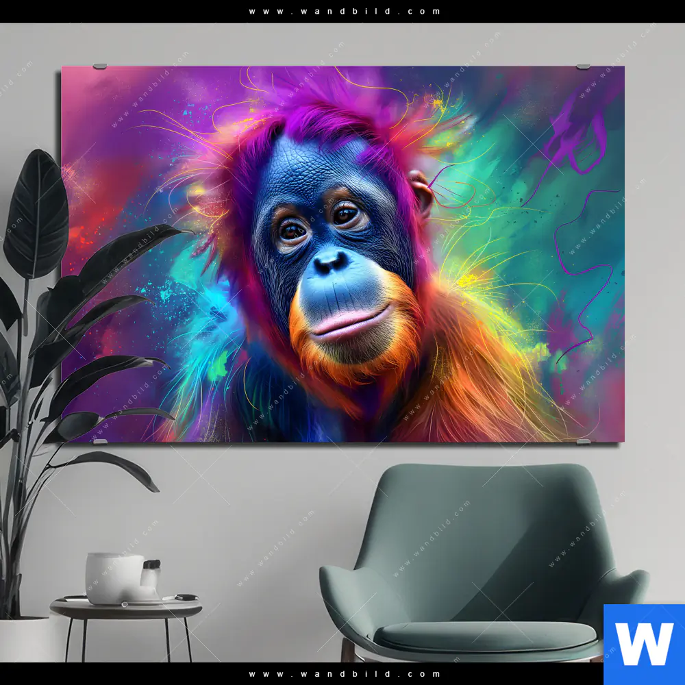 Aluminiumbild gebürstet | Orang-Utan in Regenbogenfarben | Querformat