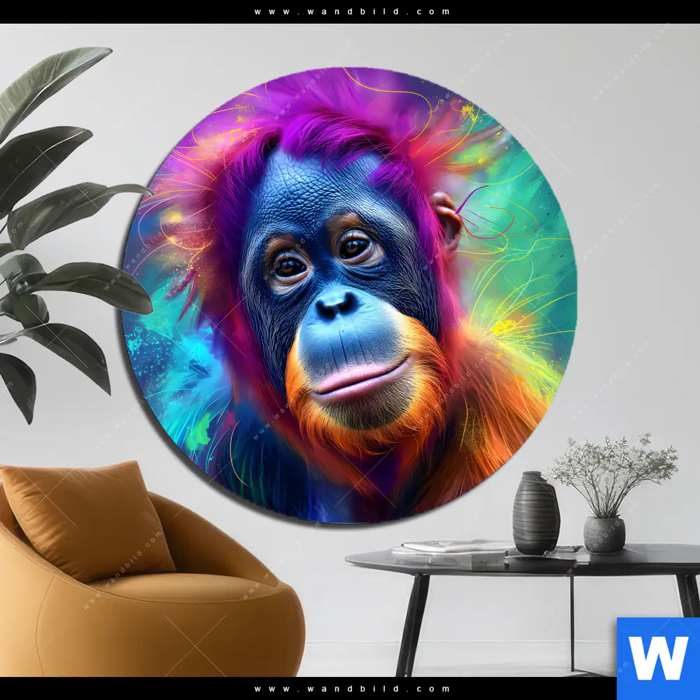Aluminiumbild gebürstet | Orang-Utan in Regenbogenfarben | Rund