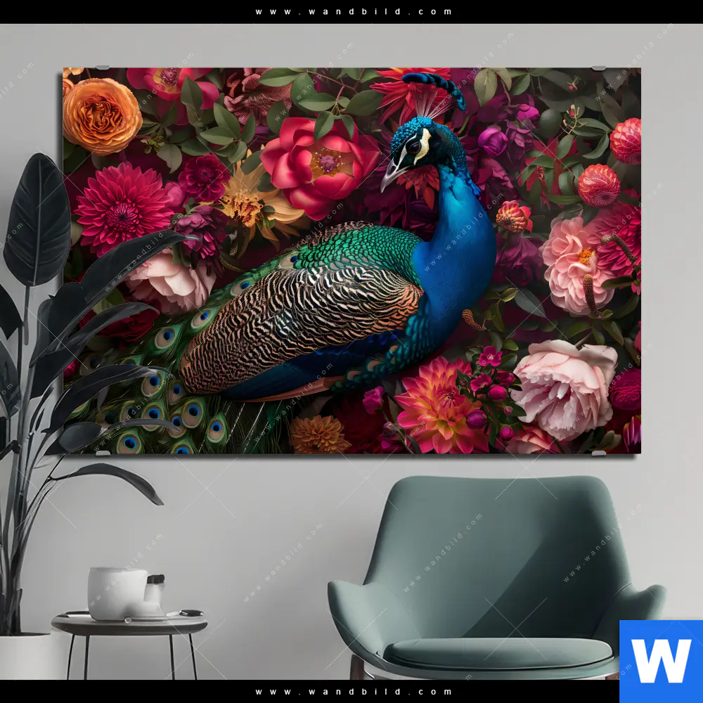 Aluminiumbild gebürstet | Prachtvoller Pfau und Blüten | Querformat