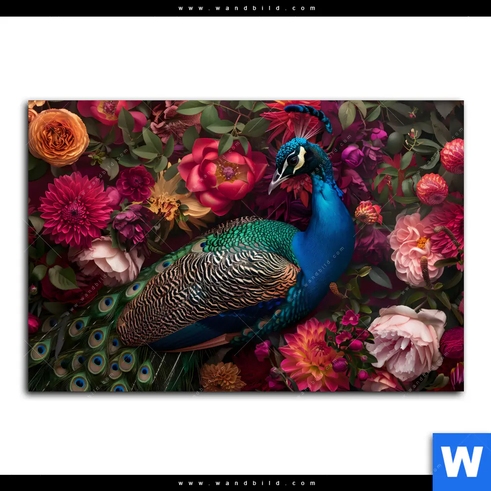 Aluminiumbild gebürstet | Prachtvoller Pfau und Blüten | Querformat - Image 2