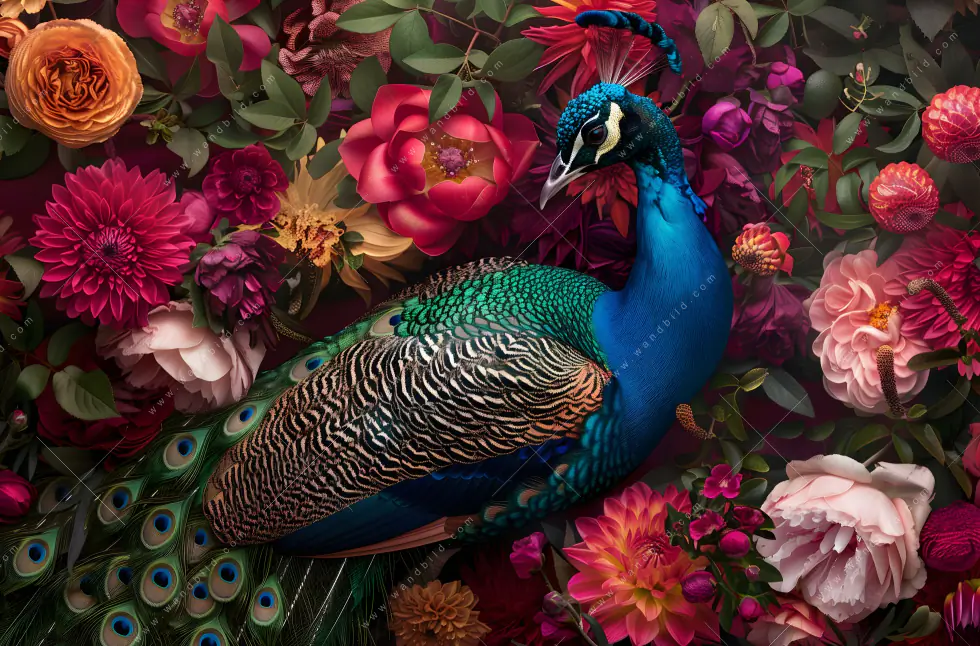 Aluminiumbild gebürstet | Prachtvoller Pfau und Blüten | Querformat - Image 5