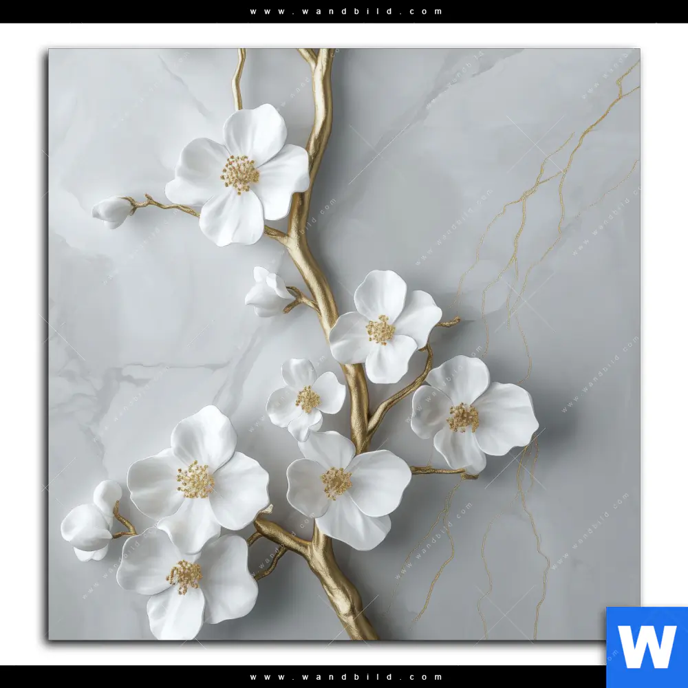 Aluminiumbild gebürstet | Weiße Blüten an Goldzweig | Quadrat - Image 2