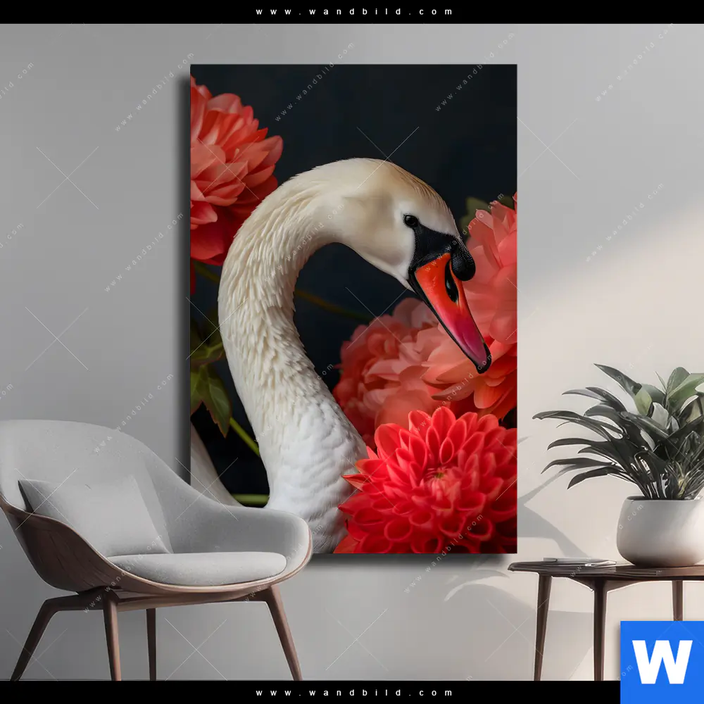 Leinwandbild | Eleganter Schwan mit Blumen | Hochformat