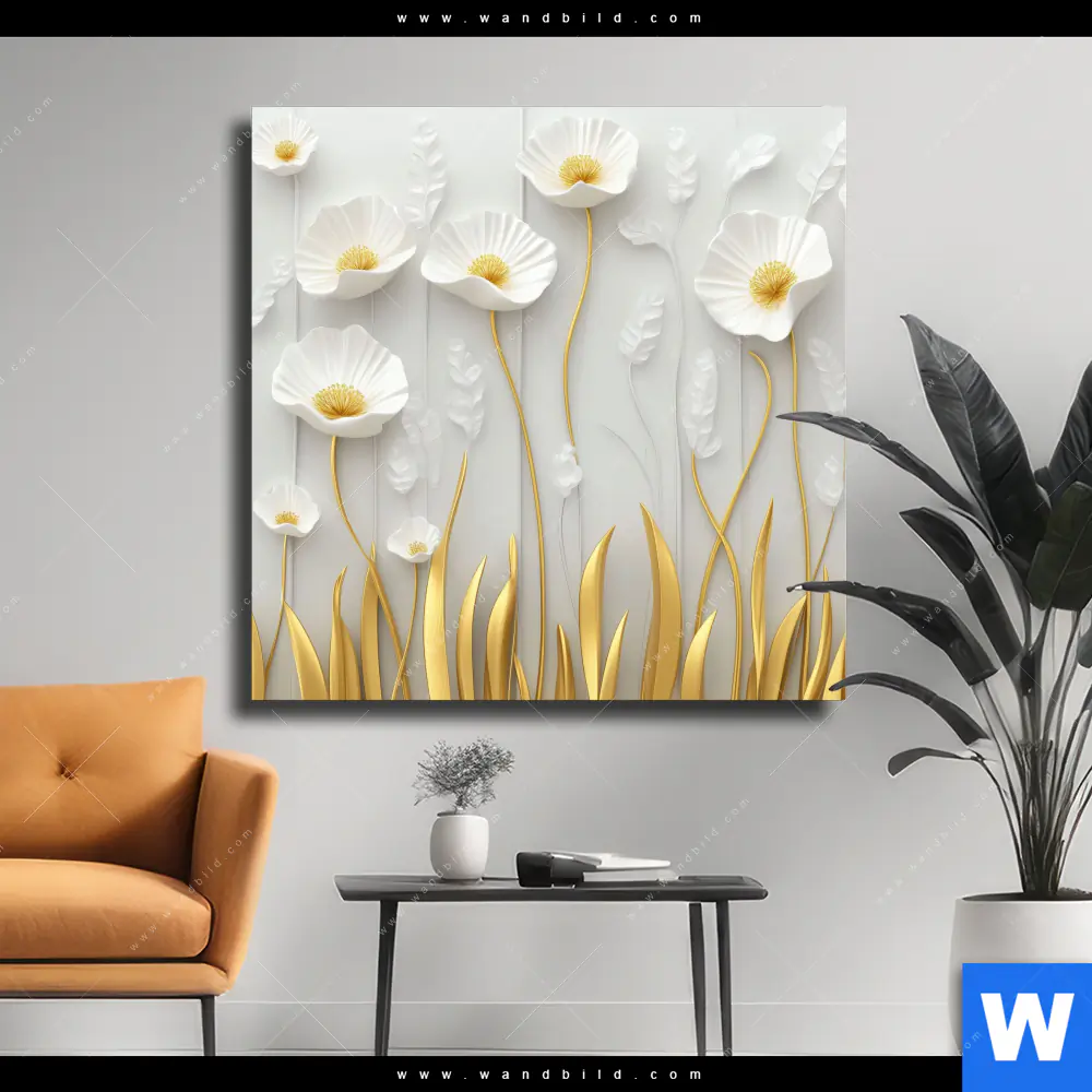 Leinwandbild | Florale Leichtigkeit mit Goldglanz | Quadrat