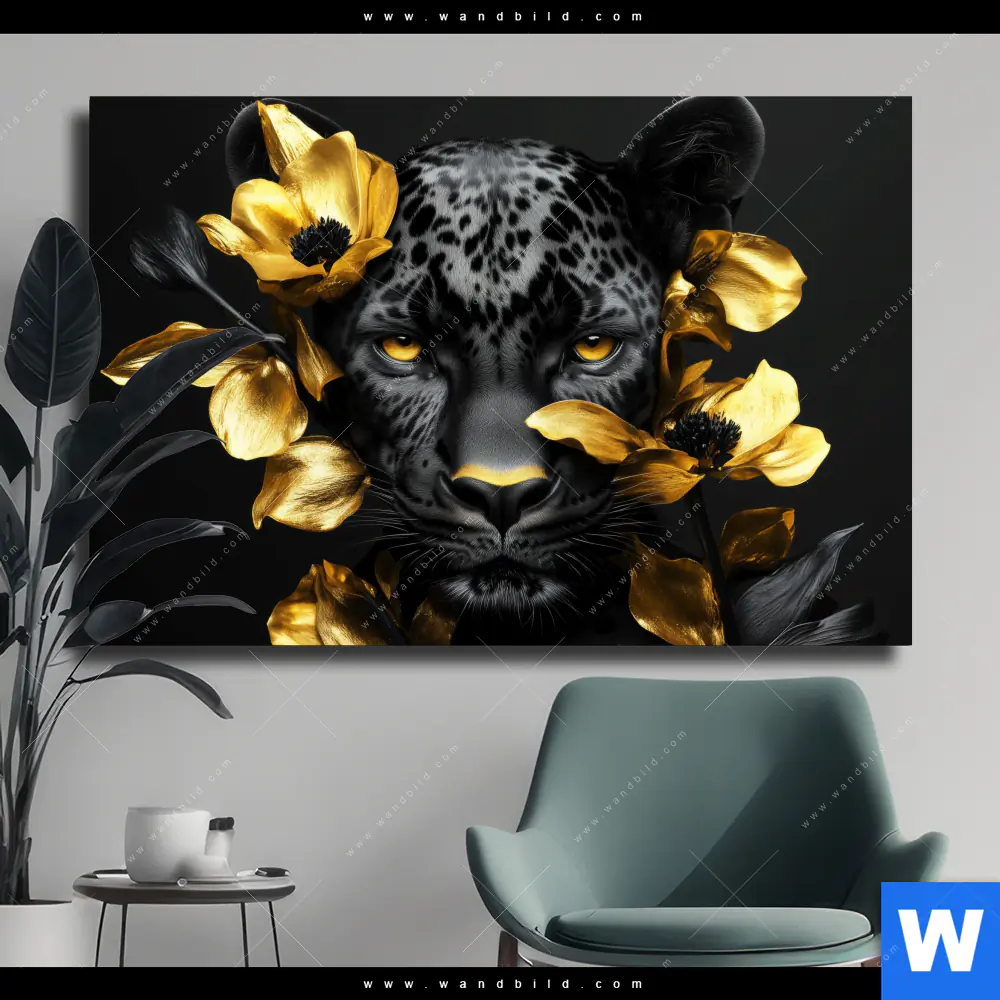 Leinwandbild | Goldblumen & Panther | Querformat