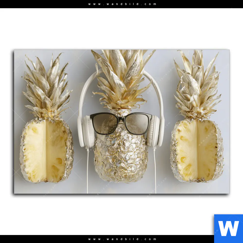Leinwandbild | Goldene Ananas mit Kopfhörern | Querformat - Image 2