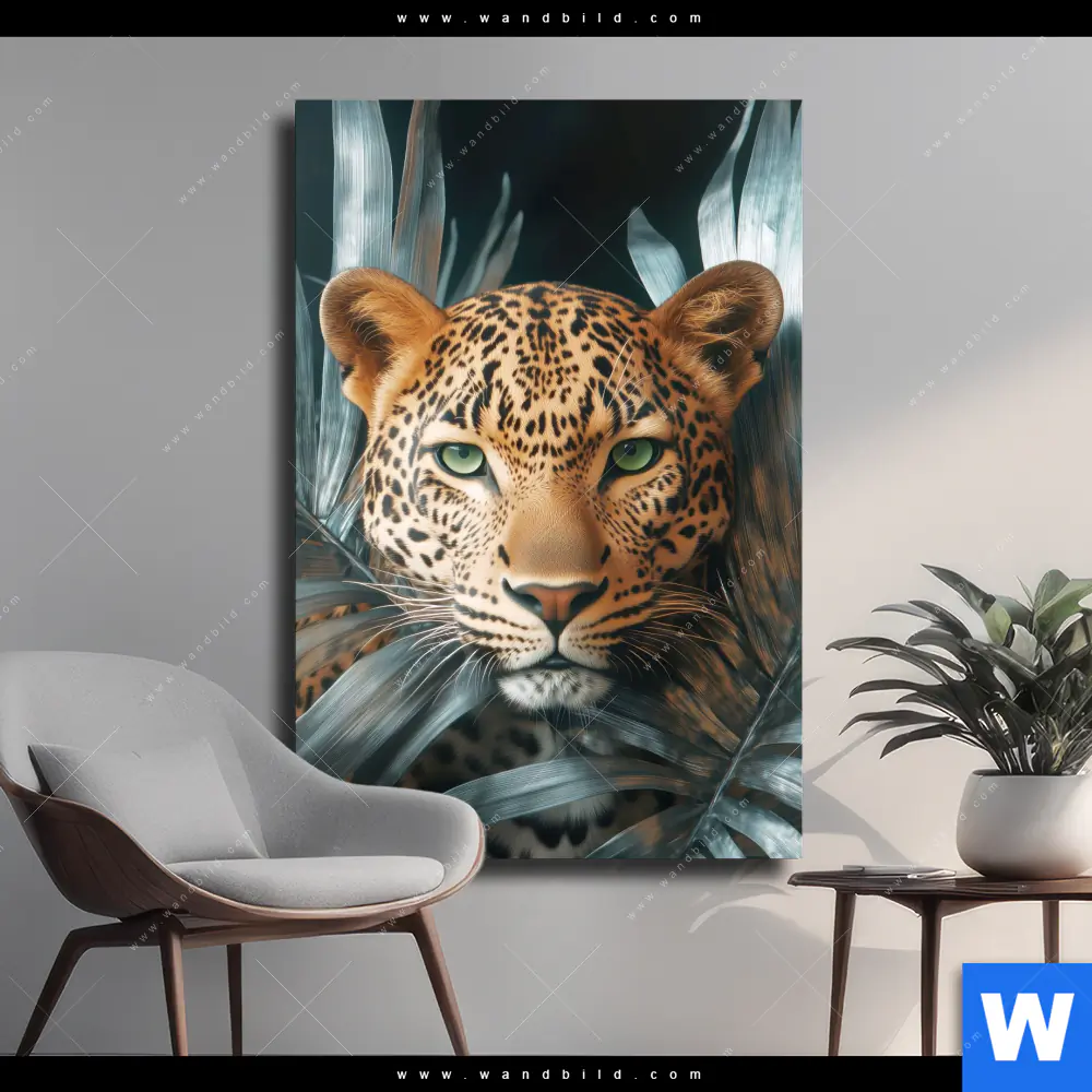 Leinwandbild | Leopard zwischen Blättern | Hochformat