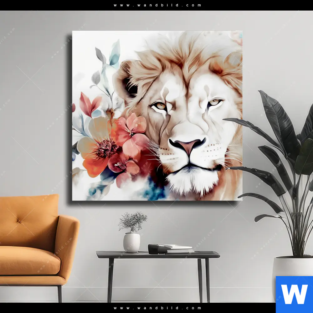 Leinwandbild | Löwe mit Blumen | Quadrat