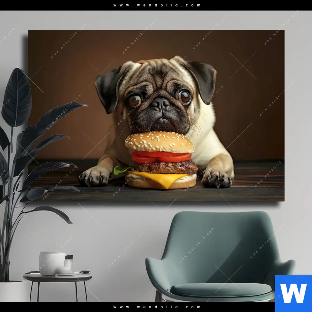 Leinwandbild | Mops mit Cheeseburger | Querformat