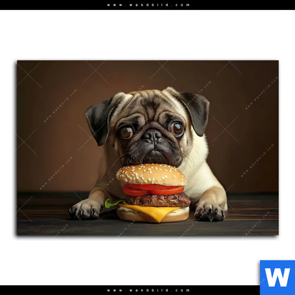 Leinwandbild | Mops mit Cheeseburger | Querformat - Image 2