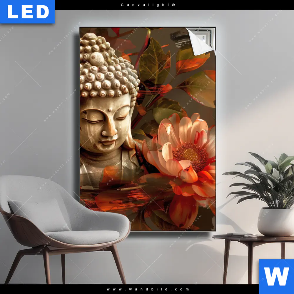 Canvalight® Leuchtbild | Abstrakter Buddha & Blumen | Hochformat