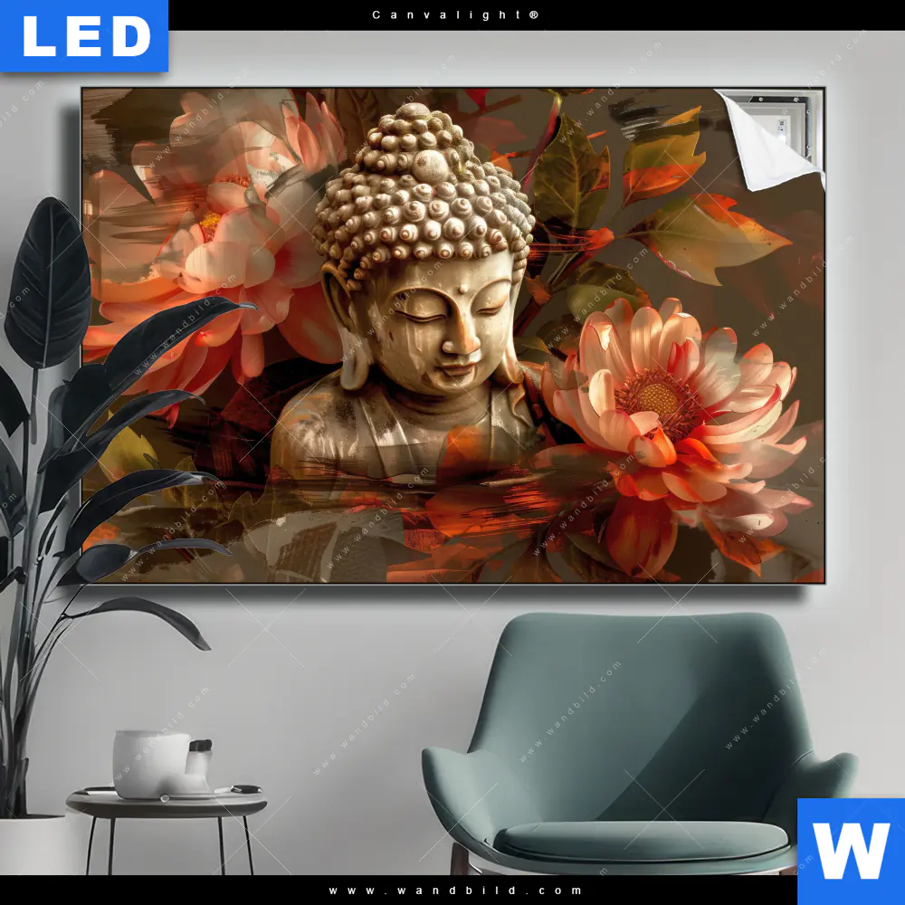 Canvalight® Leuchtbild | Abstrakter Buddha & Blumen | Querformat