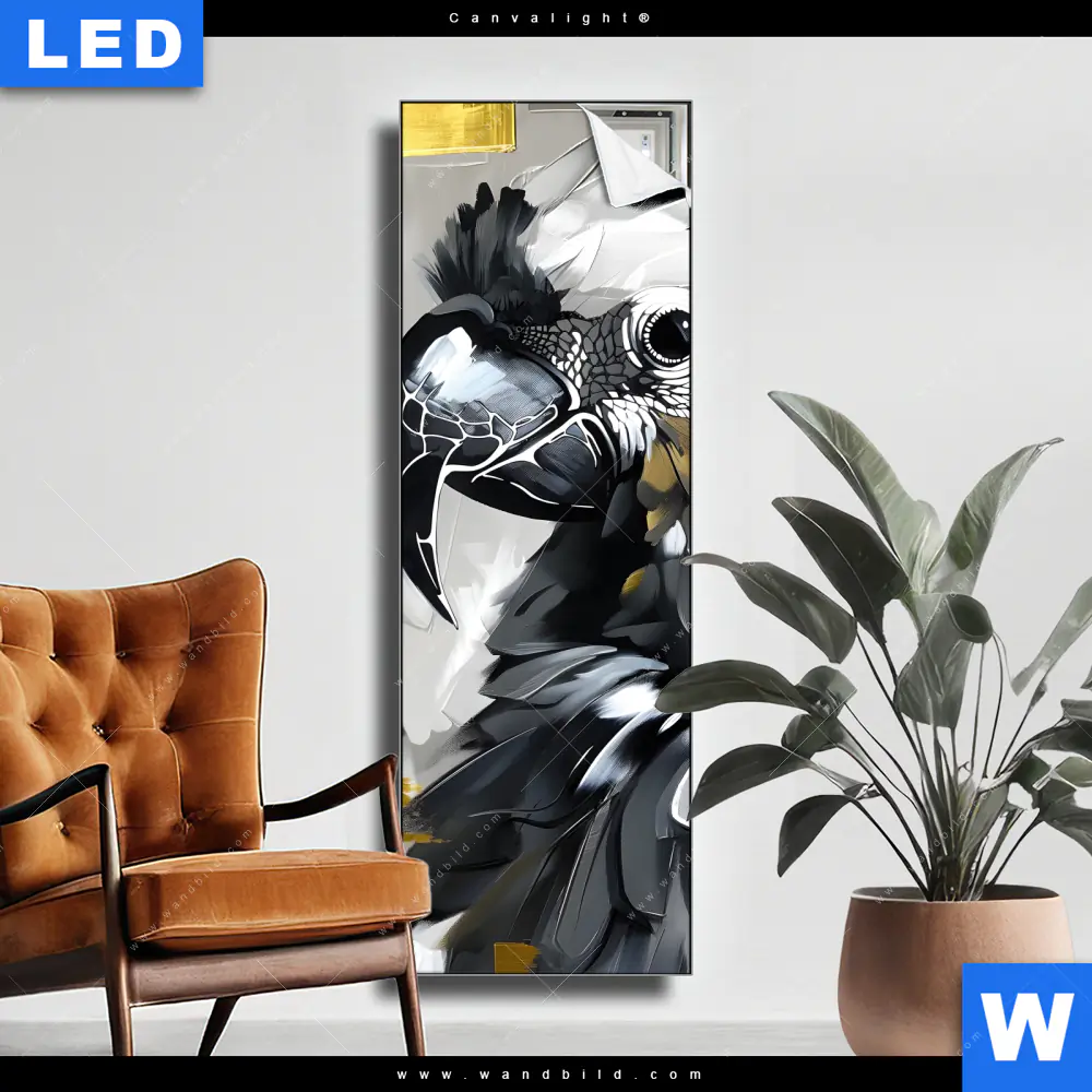 Canvalight® Leuchtbild | Abstrakter Papagei mit Gold | Schmal