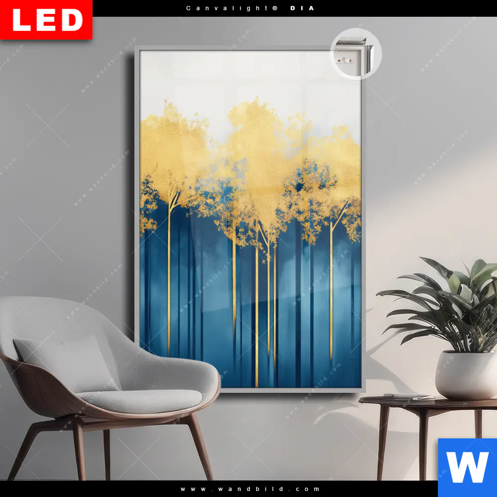 Leuchtbild Acrylglas Canvalight® DIA | Abstrakter Wald - Blau & Gold | Hochformat