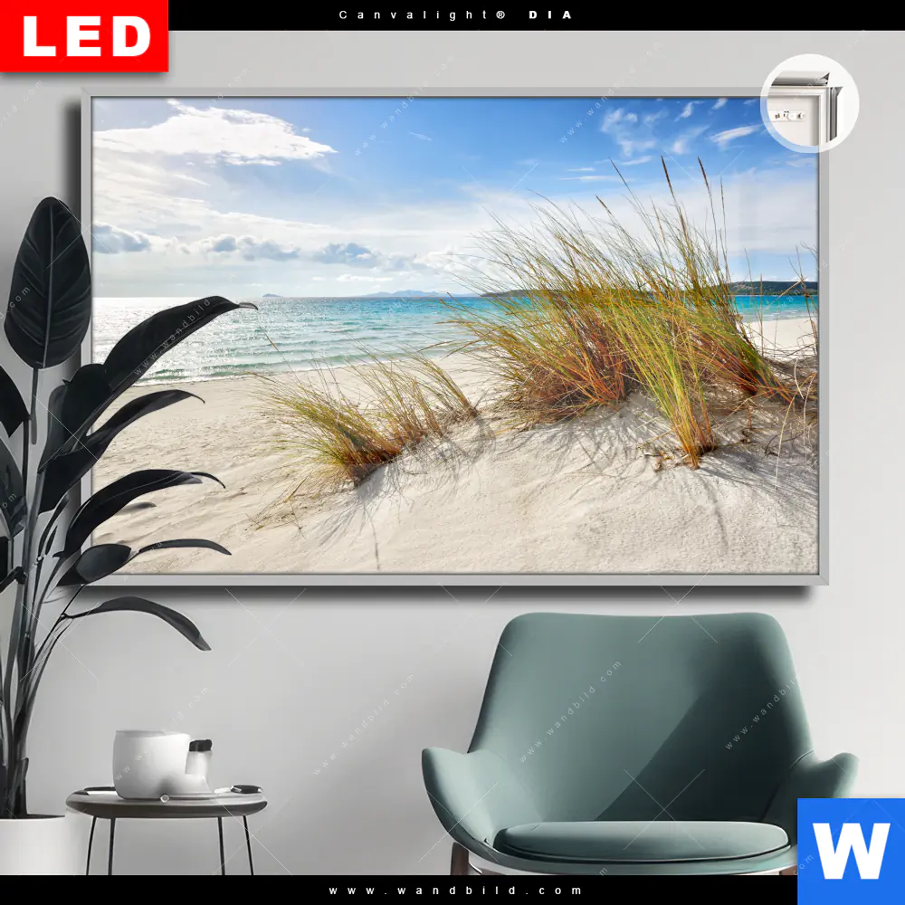 Leuchtbild Acrylglas Canvalight® DIA | Dünenlandschaft mit Meerblick | Querformat