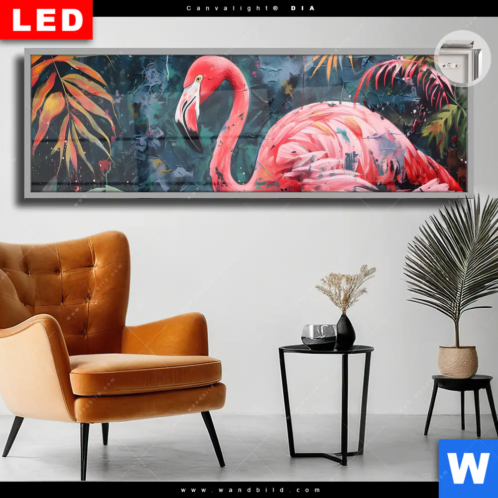 Leuchtbild Acrylglas Canvalight® DIA | Flamingo - Dschungel Eleganz | Panorama
