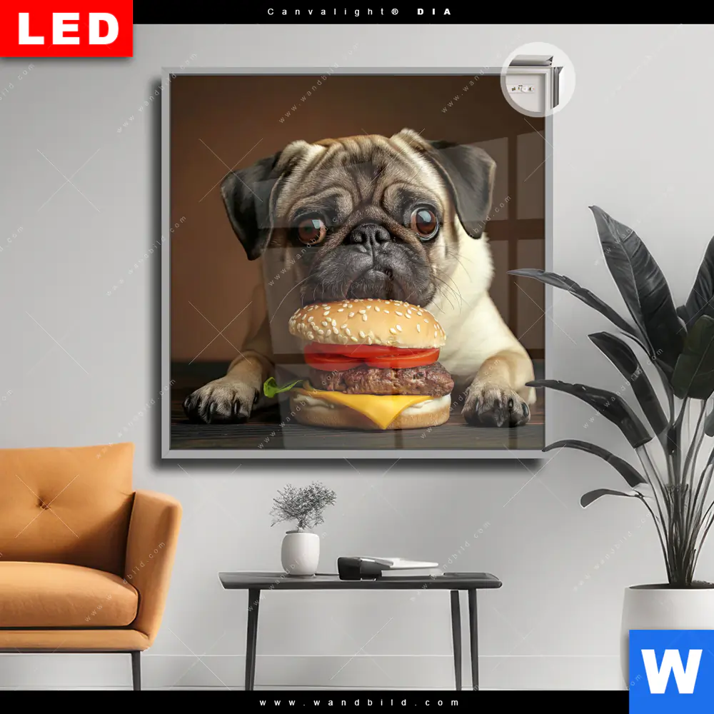 Leuchtbild Acrylglas Canvalight® DIA | Mops mit Cheeseburger | Quadrat