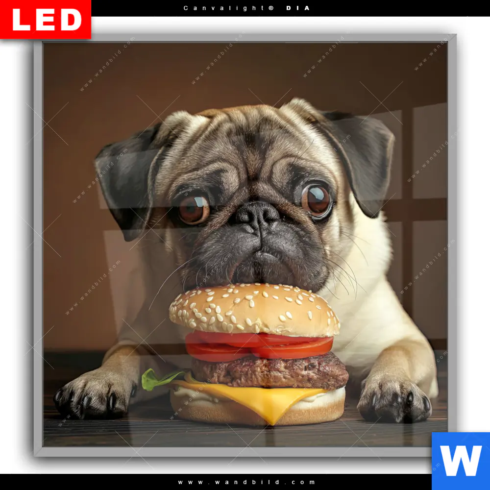 Leuchtbild Acrylglas Canvalight® DIA | Mops mit Cheeseburger | Quadrat - Image 2
