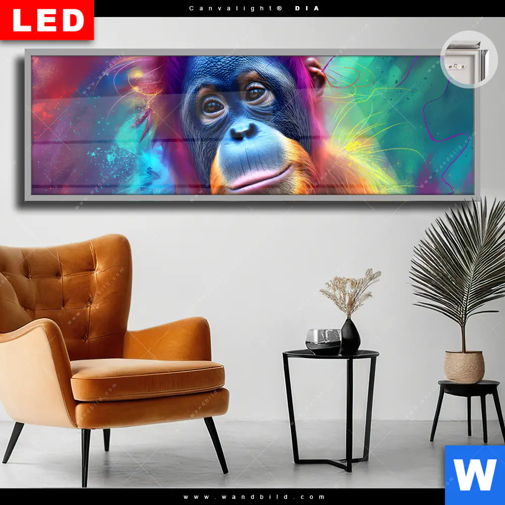 Leuchtbild Acrylglas Canvalight® DIA | Orang-Utan in Regenbogenfarben | Panorama