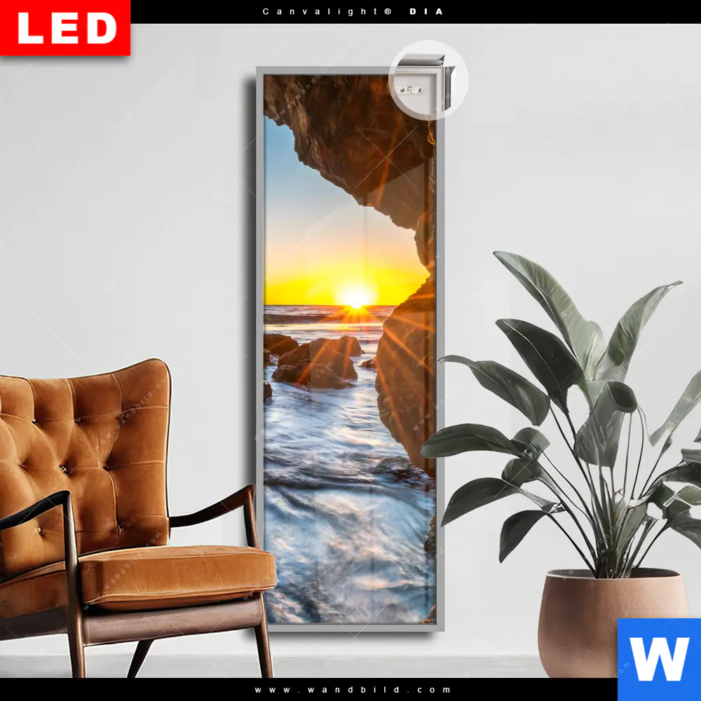 Leuchtbild Acrylglas Canvalight® DIA | Sonnenuntergang in Meeresgrotte | Schmal
